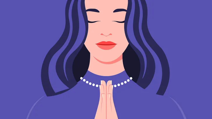 Een illustratie van een dame met gesloten ogen die met haar handen tegen elkaar aan zit.