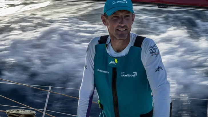Leg 02, Lisbon to Cape Town, day 8,  on board AkzoNobel. Peter van Niekerk working hard on the pump…
