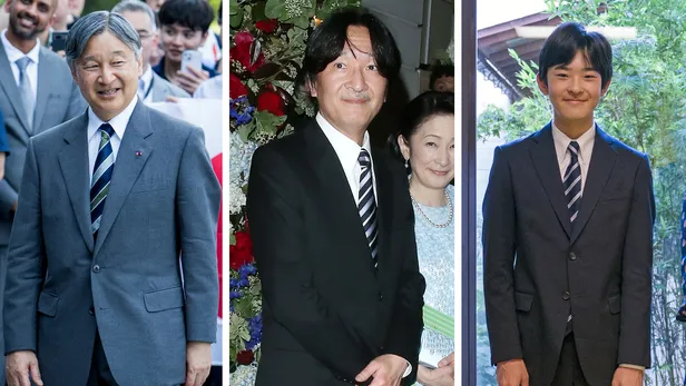 Drieluik foto's van de Japanse keizer Naruhito, kroonprins Fumihito en tweede in lijn naar de troon, prins Hisahito.