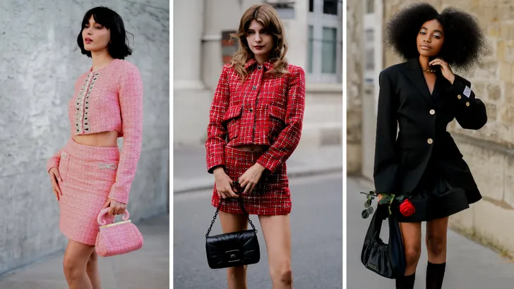 Fashion voor Valentijn. – Drieluik streetstyle foto's met links een jonge vrouw in een roze outfit, midden in rood en rechts in zwart.