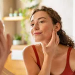 Young beauty woman checking her skin at mirror in the morning