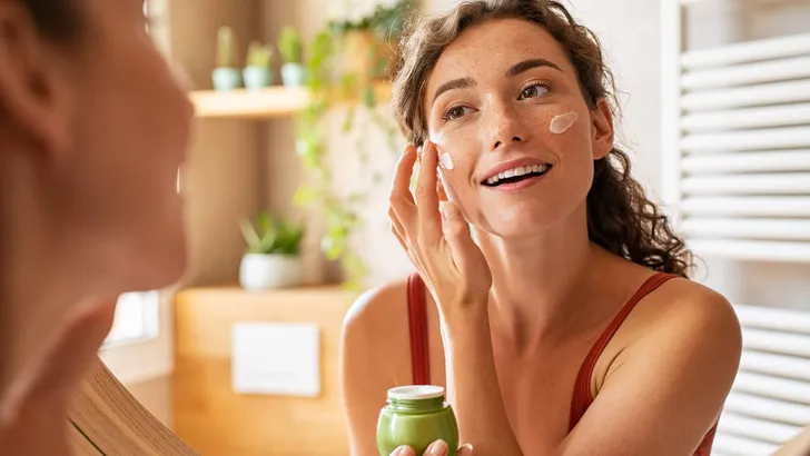Woman applying moisturiser on face during morning routine