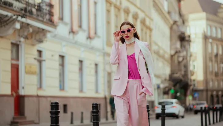 Fashionable elegant confident woman wearing trendy pink sunglasses, suit blazer, satin top, white silk scarf, trousers, walking in street of European city. Copy, empty space for text