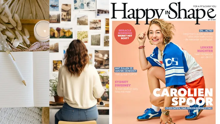 Collage met plaatjes, notitieboek en de nieuwe cover van Happy in Shape met Carolien Spoor