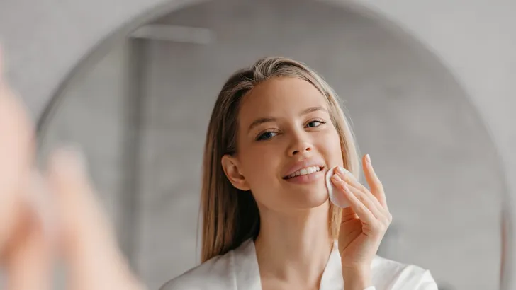 Foto van vrouw met skincare bij spiegel – ZO Skin Health.