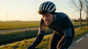Een close-up van een mannelijke wielrenner, warm gekleed in wintertenue, die een grimas trekt van uiterste inspanning tijdens een intervaltraining op een koude polderweg. Een wolkje adem is zichtbaar in de laagstaande avondzon.
