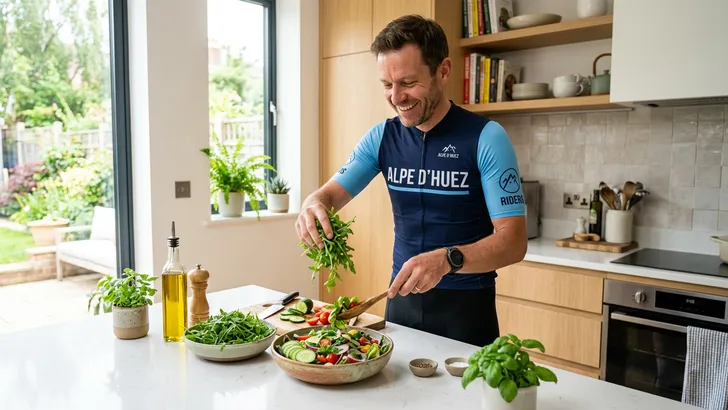 Een lachende mannelijke amateurwielrenner in fietskleding die zonder helm een verse rucolasalade bereidt in een zonnige, moderne keuken.