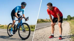 Een frisse wielrenner op de racefiets naast een uitgeputte hardloper, illustreert het verschil in spierschade tussen beide sporten.