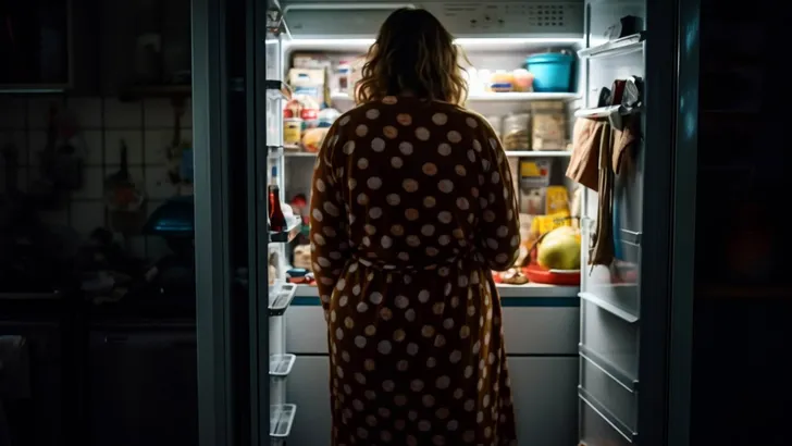 Overweight woman seen from back, in front of fridge. Eating disorder, overeating, junk food, ai generated.