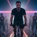 Een man fietst in het midden van een donkere Rocycle-spinningzaal, omringd door tientallen vrouwen, met neonlicht en kaarsjes langs de vloer.