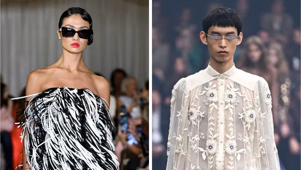 Zonnebrillen trends voor de lente 2026 op de catwalks van Christian Siriano en Valentino