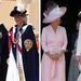 Tweeluik foto's van Garter Day 2025 met links Charles en Camilla en rechts Sophie en Kate.