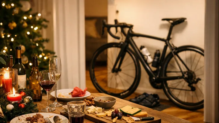 Half opgeruimde kersttafel met eten en glazen, met daarachter een racefiets in de gang, symbool voor kerstkilo’s kwijtraken op de fiets.