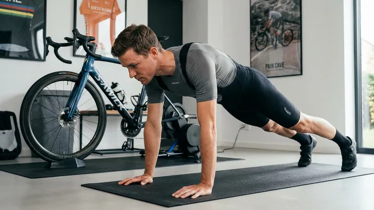 Wielrenner doet een plank-oefening op een matje in zijn woonkamer, met zijn racefiets op een indoortrainer op de achtergrond, als illustratie van krachttraining tegen chronische pijn.
