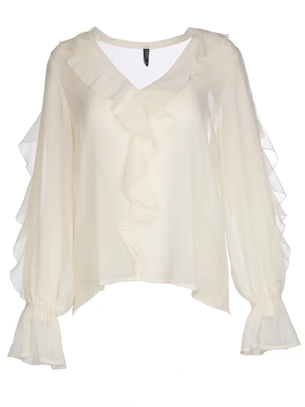 Productfoto van blouse ruffle chiffon in het wit, te koop bij Wibra.