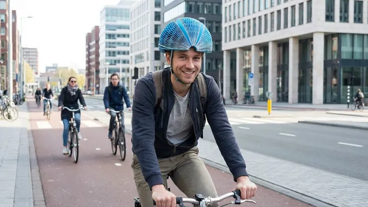 Een mannelijke fietser in moderne stadskleding draagt de innovatieve opvouwbare fietshelm van papier. De kenmerkende honingraatstructuur van de helm is duidelijk zichtbaar terwijl hij door een stedelijke omgeving fietst.