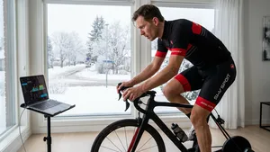 Mannelijke wielrenner traint intensief op een indoortrainer, terwijl buiten een besneeuwd landschap zichtbaar is door het raam.