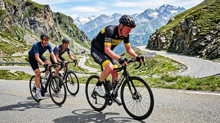 Mannelijke wielrenner met helm op een luxe racefiets draagt een shirt met de tekst 'IVO NIEHE GRINTA CC' en zwoegt theatraal op een steile alpencol terwijl vrienden hem passeren.