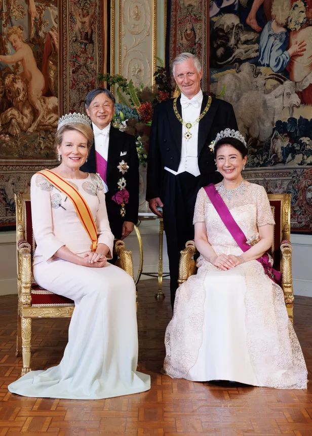 Staatsbanket België Japan juni 2026: foto van koning Filip, koningin Mathilde, keizer Naruhito en keizerin Masako.