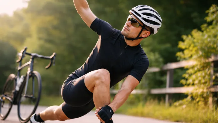 Wielrenner doet een lunge met rotatie als warming-up naast zijn racefiets, vlak voor vertrek.