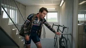Mannelijke fitte fietser zonder helm staat vermoeid en hijgend bovenaan een kantoortrap