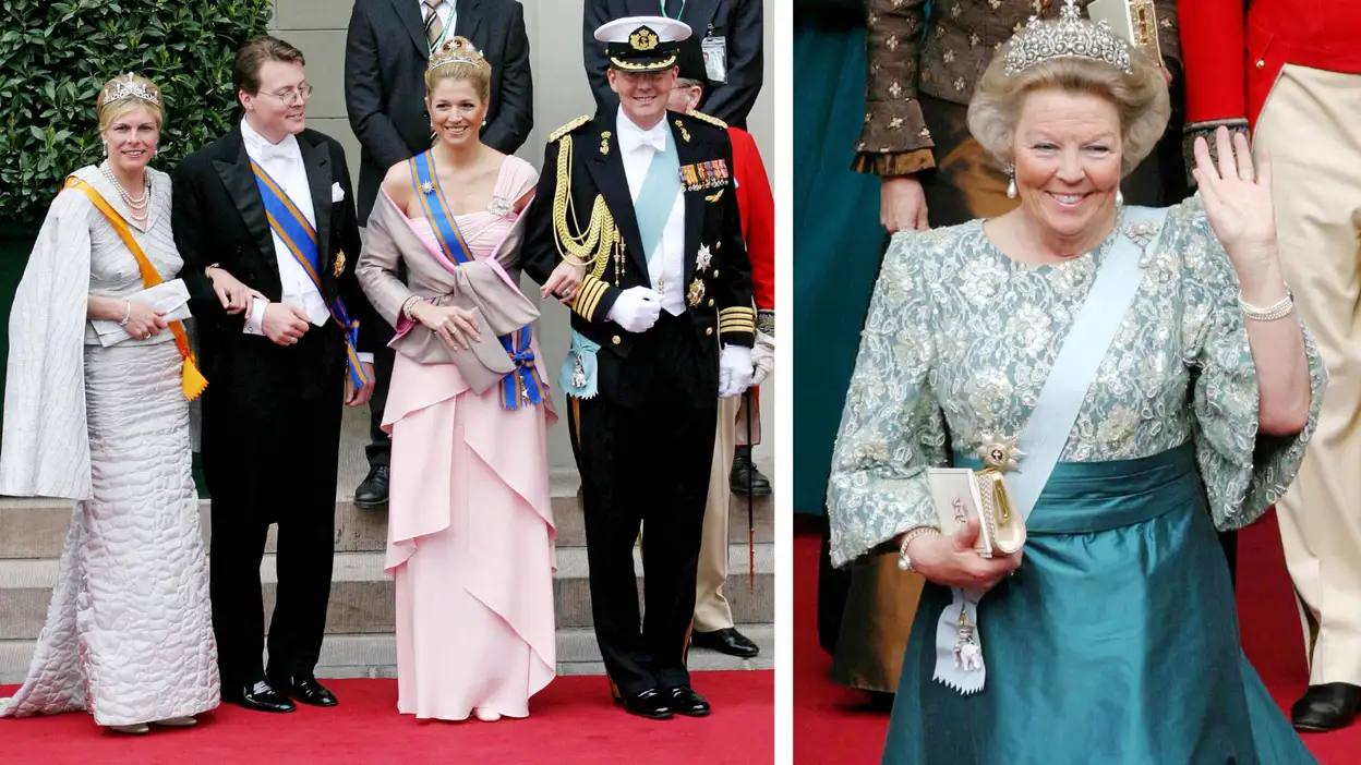 Prinses Laurentien, prins Constantijn, prinses Máxima, prins Willem-Alexander en koningin Beatrix bij het huwelijk van Frederik en Mary van Denemarken, 2004.