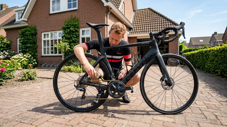 Wielrenner zonder helm in wielerkleding smeert vlak voor vertrek zijn racefietsketting met vloeibare wax.