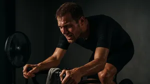 Zweterige wielrenner die binnen op een fietstrainer een zware interval rijdt, met ventilator naast hem in een donkere trainingsruimte.