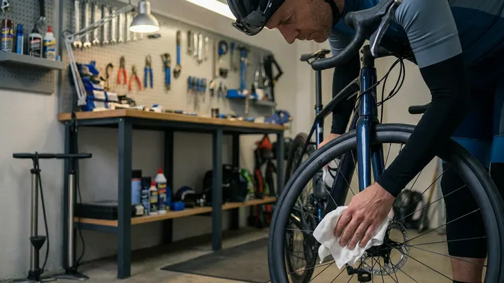 Close-up van een mannelijke wielrenner met helm, armstukken en beenstukken in een garage, die met een schone doek de schijfrem van het voorwiel van zijn racefiets reinigt.