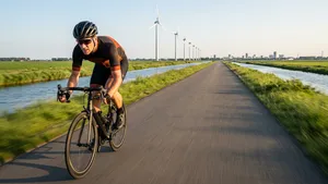 Wielrenner in volle training op een vlakke dikesweg in een Nederlands polderlandschap, met moderne windturbines en verre skyline.