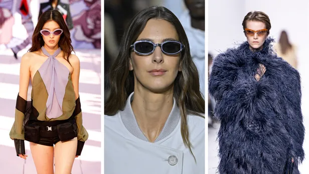 Zonnebrillen trends voor de lente 2026 op de catwalks van Off-white, Emporio Armani en Bottega Veneta.