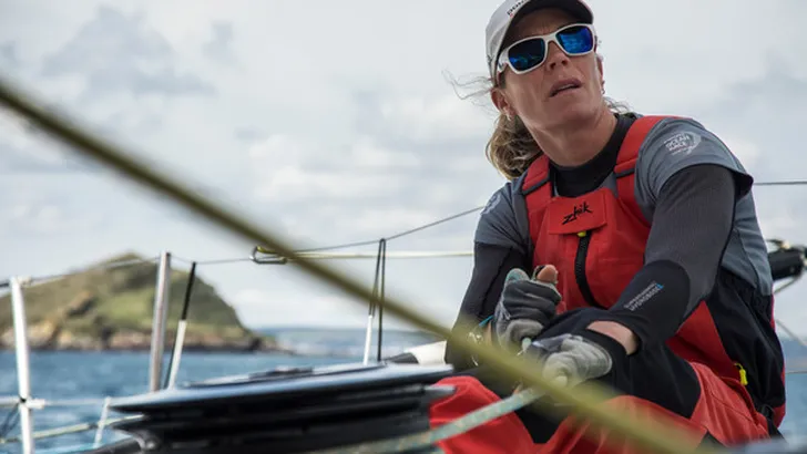 Leg Zero,Plymouth to St Malo. Light wind on board Dongfeng. Photo by Martin Keruzore. 10 August,201…