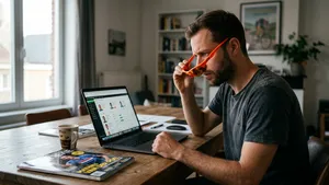 Mannelijke wielerfan zet letterlijk zijn oranje bril af terwijl hij serieus en kritisch naar zijn Tourpool-selectie op zijn laptop kijkt.