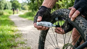 Close-up van de handen van een wielrenner die een wit aangevroren CO2-patroon gebruiken om een gravelband op te pompen.