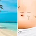 Tweeluik foto's: Links een tropisch strand, rechts een close-up van een taille met markeringen voor cosmetische ingrepen.