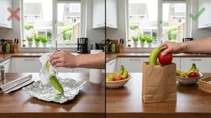 Split-screen afbeelding die de mythe (steel inpakken) versus het feit (met een appel in een papieren zak) van het rijpen van bananen laat zien.