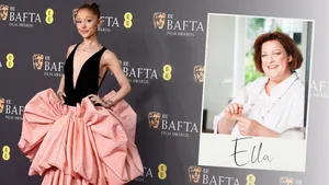Column Ella Vermeulen over Ozempic Chic – Samengesteld beeld met foto van Ariana Grande bij Bafta Film Awards en portretfoto van columnist Ella Vermeulen op voorgrond