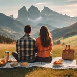 Young couple in love doing picnic visiting alps Dolomities. Boyfriend and girlfriend sitting and looking at the beautiful scenic green meadow landscape