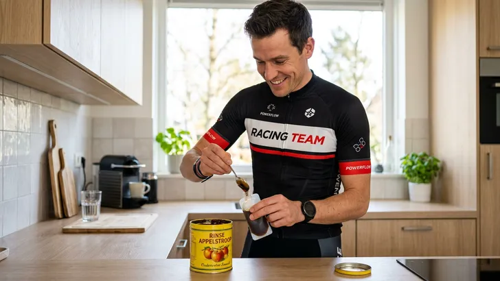 Mannelijke wielrenner in fietskleding zonder helm staat in de keuken en vult een klein knijpflesje met appelstroop als sportvoeding.