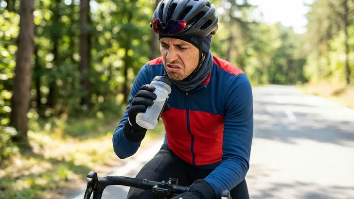 Een wielrenner in winterkleding trekt een vies gezicht na een slok uit zijn bidon tijdens een rit op een bosweg.
