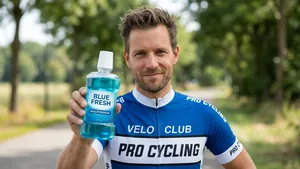 Mannelijke wielrenner in professionele fietskleding, zonder helm, lacht zelfverzekerd terwijl hij een fles felblauwe mondspoeling naar de camera houdt, met een wazige buitenomgeving op de achtergrond.