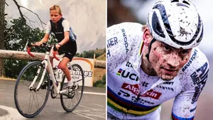 Collage: De 10-jarige Mathieu van der Poel op de Alpe d'Huez (links) naast een recente foto in de regenboogtrui (rechts), beiden met dezelfde karakteristieke gefocuste blik.