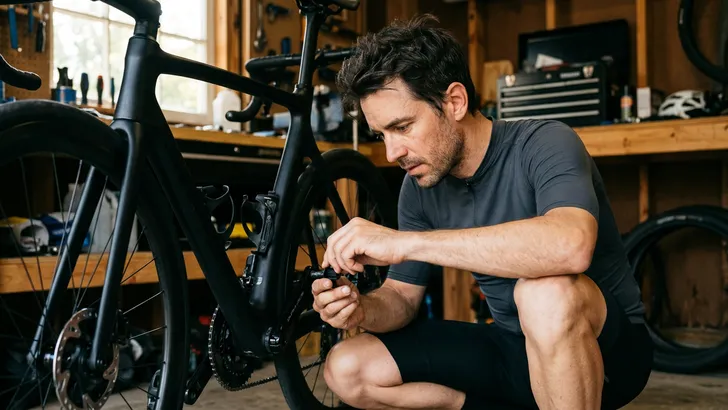 Een fietser zonder helm draait in zijn werkplaats uiterst behoedzaam het plastic dopje van zijn crankarm vingervast.