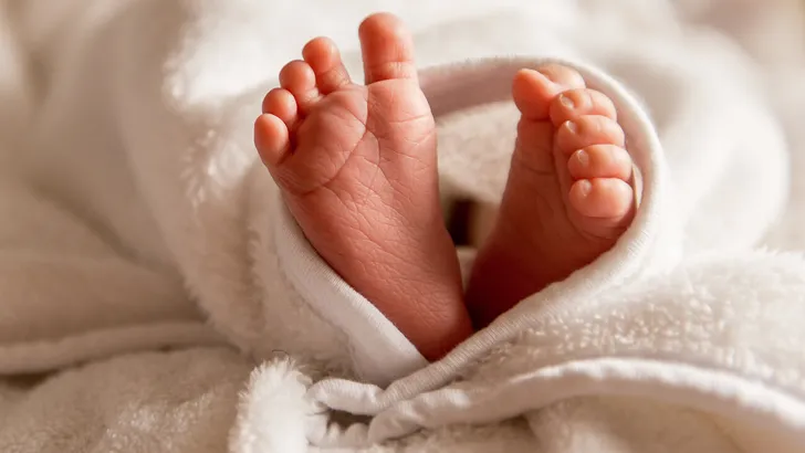 Bare feet of a cute newborn baby in warm white blanket. Small bare feet of a little baby girl or boy. Sleeping newborn child.