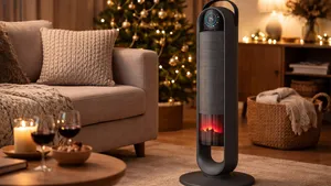 Moderne elektrische kachel in een warme woonkamer met bank, kaarsen en kerstboom, die zorgt voor een gezellige avond­sfeer.