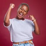 Celebration, black woman and excited person showing happiness