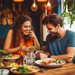 Young couple eating indian food at restaurant. Couple on date night with delicious food. Generative AI