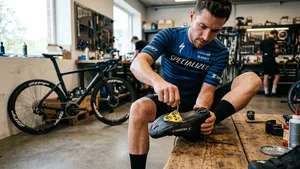 Gedetailleerde close-up van een wielrenner in een werkplaats, die zonder helm en geconcentreerd met een inbussleutel een schoenplaatje onder zijn fietsschoen afstelt.