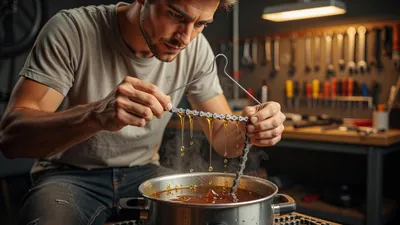 Een mannelijke wielrenner in vrijetijdskleding zonder helm staat in een moderne werkplaats en haalt met een ijzerdraadje zorgvuldig een glimmende fietsketting uit een kleine slowcooker vol met hete, dampende wax.