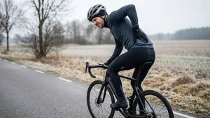 Wielrenner in winterkleding en met helm grijpt naar zijn onderrug van de pijn, terwijl hij fietst op een natte, landelijke weg in een herfstachtig landschap met laagstaande zon.